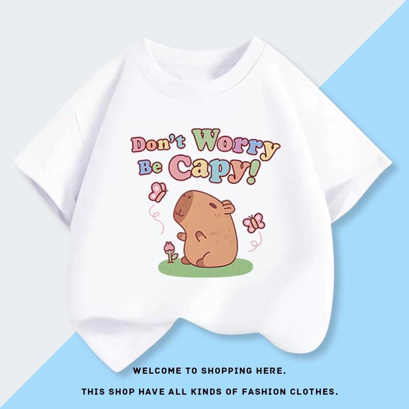 Camiseta Estampada de Caricatura de Capibara Verano 2026 Moderna para Niños Top Redondo Padre-Hijo