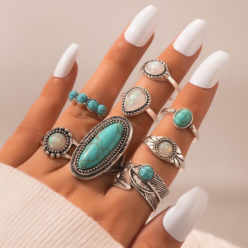 Ethnic style vintage turquoise carved feather ring fashion personality 8-piece combination ring set