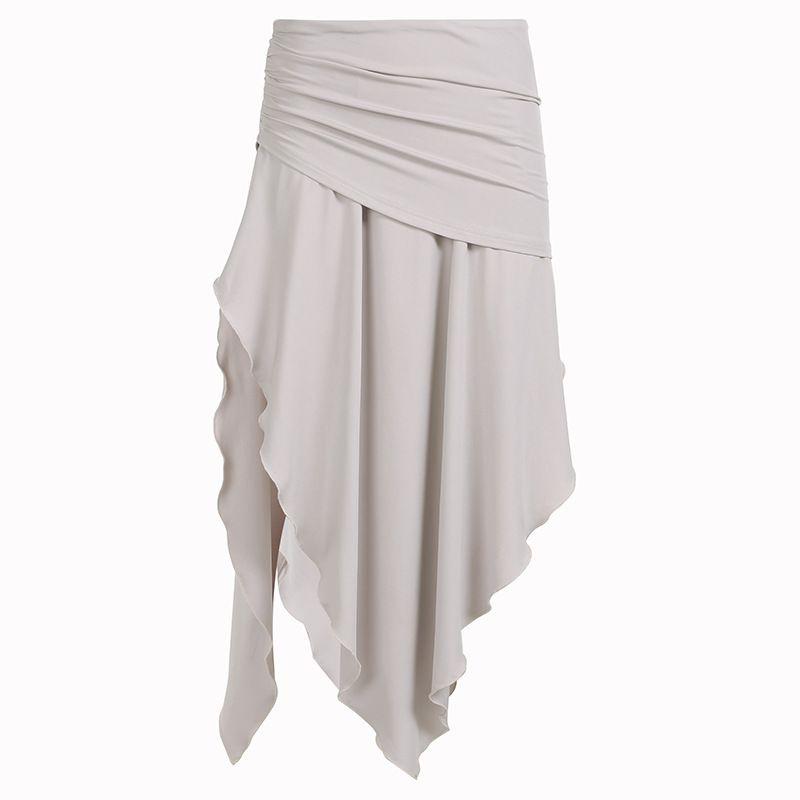 

Drape Skirt Travel Outfit Style Pleating Split Asymmetrical Design Low Waist Length Pure Color Drape Skirt Khaki L