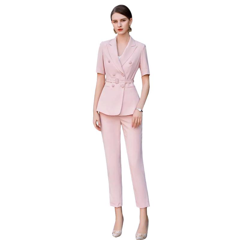 Women's Summer Pink Short-Sleeve Blazer Set - Professional OL Style