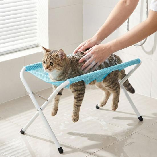 Pet Grooming Supplies for Dogs Hammock with Stand, Folding Cat Table, Mesh Elevated Platform Washing Station Cats Nail Trimming