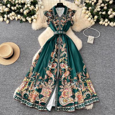 New Summer Pirnt Women Flower Turn Down Collar Flying Sleeve Belt Single Breasted Boho Holiday Party Dresses