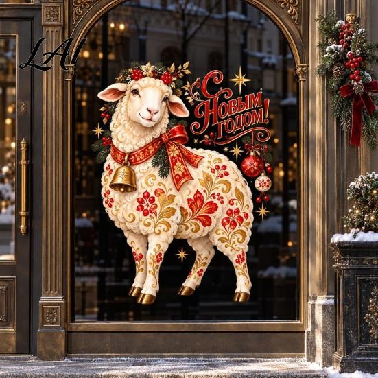 Festive Home Glass Stickers 2027 Year of Goat Window Cling Russian Happy New Static Style Film Sticker PVC Decal for and Store Holiday Party