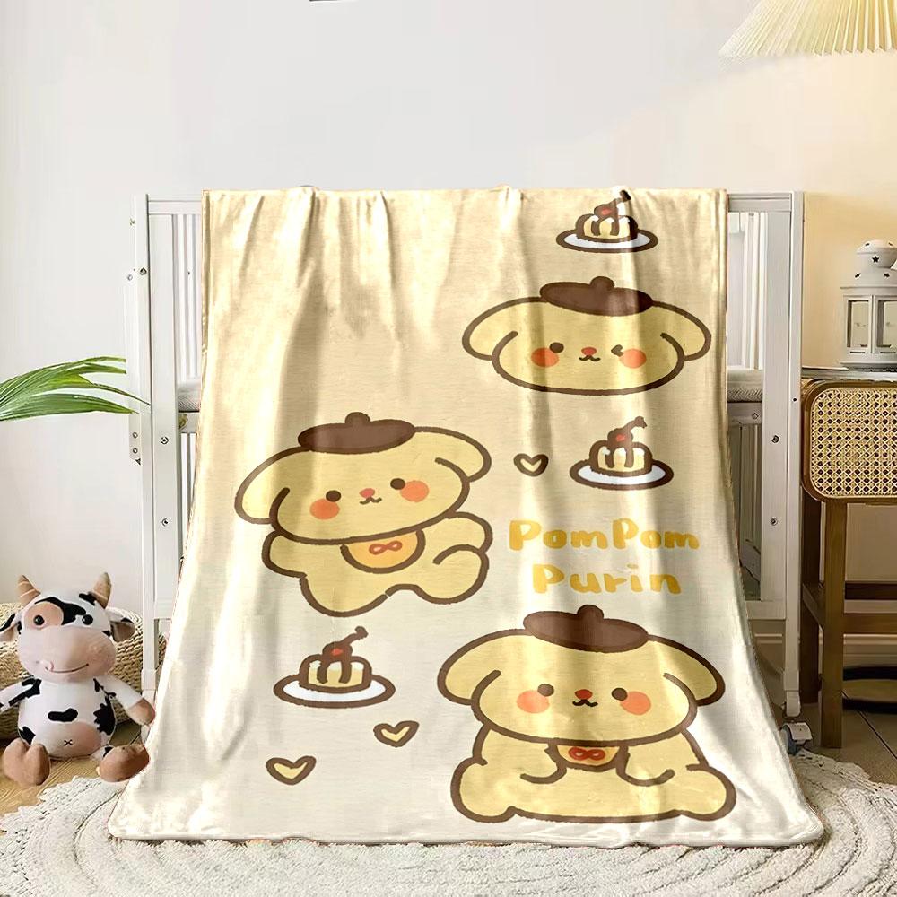 

Cartoon dog in a beret with pudding, hearts, and Pompom Purin text. for all seasons blanket lunch break throw gift 80cm x 120cm