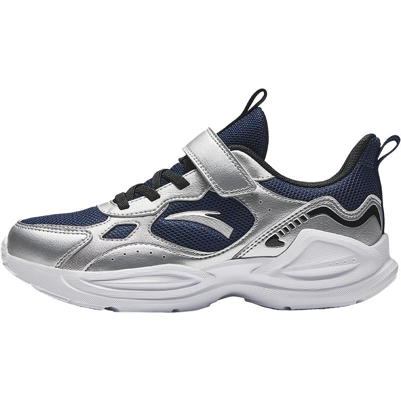 Anta Kids Synthetic Leather Fabric Trendy Versatile Lightweight Shock Absorbing Low Top Running Shoes Men sneaker Deep-Navy-Blue Silver A12445577-1