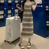 New Arrivals Open RUn Women U Neck H Line sHort Sleeve Long Dress Color Blocked