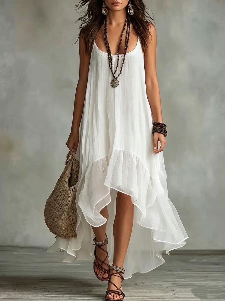 New lazy and relaxed bohemian vacation solid color suspender U-neck women's dress