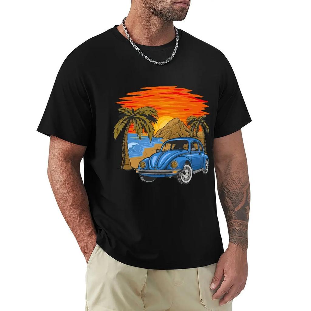Holiday Vintage Car With Sunset In The Beach T Shirt Harajuku Short Sleeve T-shirt 100% Cotton Graphics Tshirt Tops