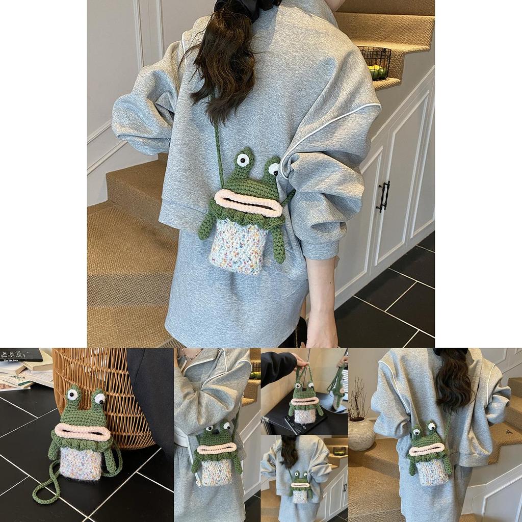 Childrens Green Cotton Knit Frog Mini Crossbody Bag With Soft Structure For Daily Activities