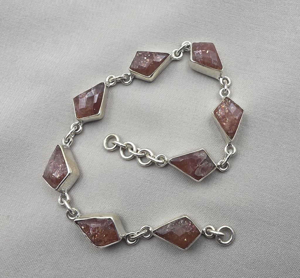 925 Sterling Silver Natural Sunstone Bracelet Handmade Gemstone Link Jewelry