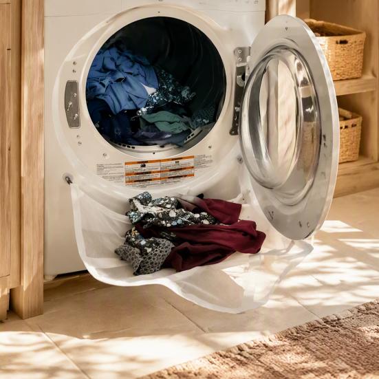 Back Pain Relief Laundry Tool Front Load Washing Machine Catcher Net, Foldable Anti-drop Washer Room Storage Solutions Collection Suction Cup