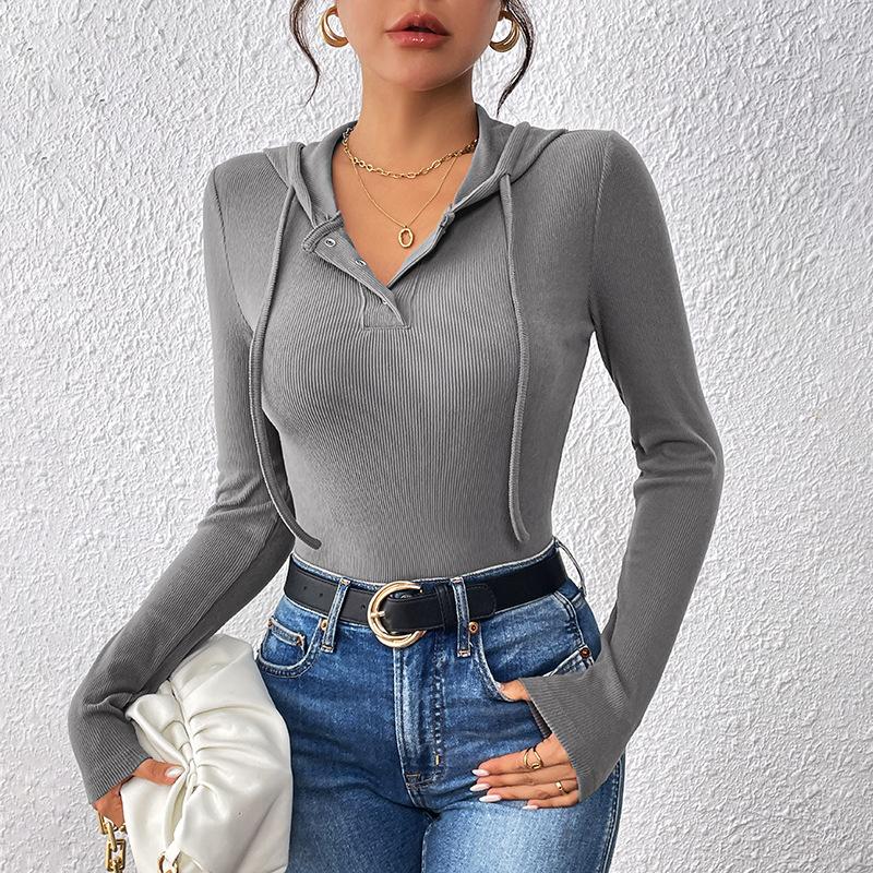 IHUASU Pure Colour Slim Fashion Bodysuit Autumn and Winter Hooded Pit Stripe Bodysuit