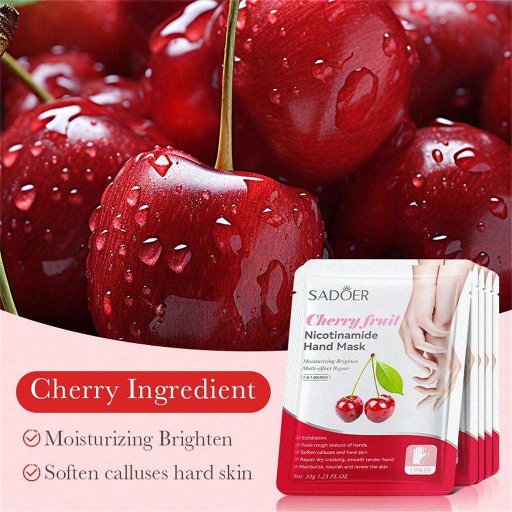 5pcs=5Pairs Cherry Fruit Nicotinamide Moisturizing Hand Mask Moisturizing Repairing Nourishing Exfoliating Smooth Skin Care