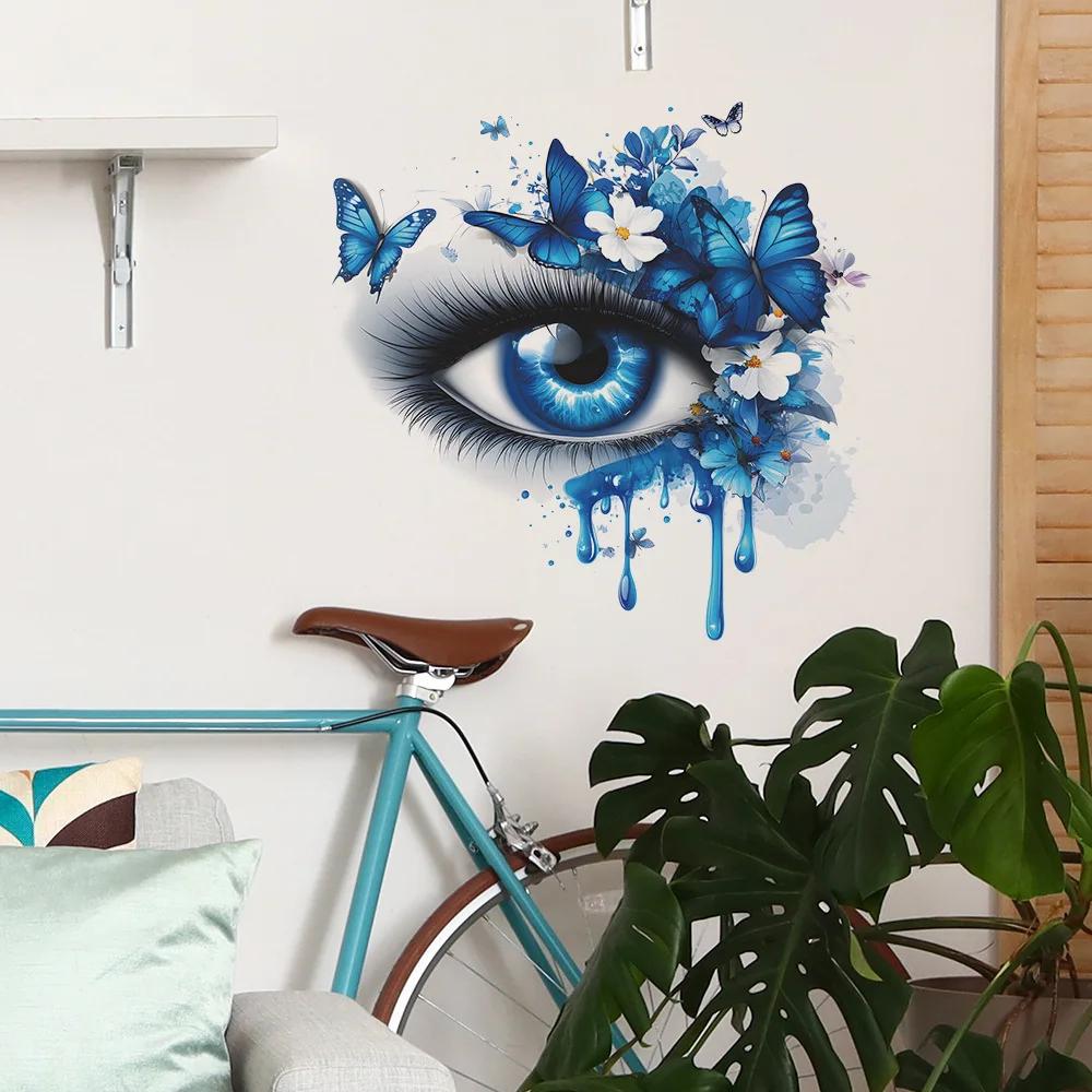 Blue Tearful Eye with Butterfly Wall Art Aesthetic Self Adhesive Vinyl Sticker for Bedroom Living Room Decor