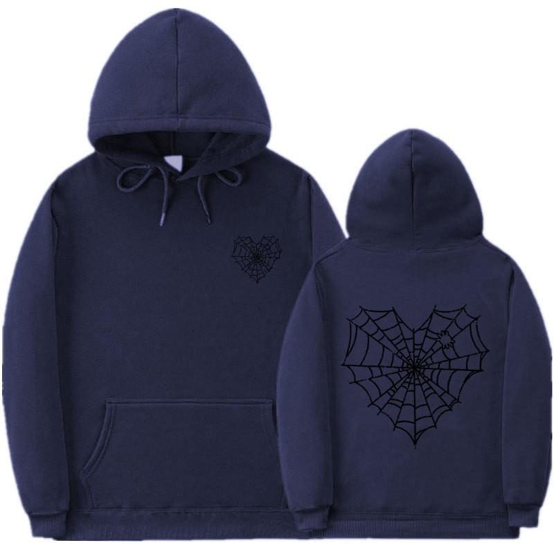 Gothic Spiderweb Print Hooded Sweatshirt Unisex Oversized Pullover With Ribbed Hem Fall