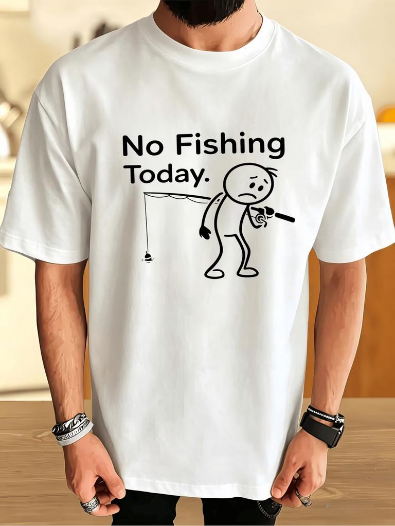 Unisexs Navy Soft Cotton Tee Sad Stick Figure Fishing Humor Graphic Crew Neck Short Sleeve Outdoor Oversized Male Street Casual Top