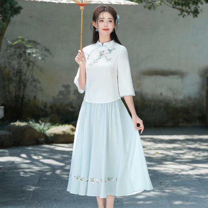 

Летний ретро костюм Тан из хлопка и льна с вышивкой и лягушачьими пуговицами, ханьфу, ципао, топ и чайный набор M