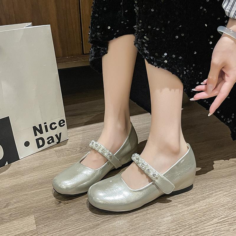 Square Head Silver Mary Jane Shoes Women's Summer Skirt Temperament Versatile Small Leather Shoes Flat Bottom Shallow Mouth Single Shoes Doudou Shoes
