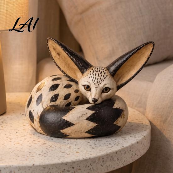 Unique Wildlife Art Accents Fox Figurine Sitting Resting Pose Wood Carved Style Resin Animal Statue Decorative Statues for Bookshelf Desktop