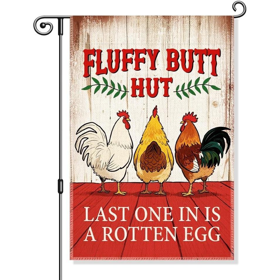 Fluffy Butt Hut Garden Flag, Funny A Rotten Egg Yard Flag for Outside, Farm House Outdoor Home Porch Entry Fall Chicken Coop Decor, Housewarming Gifts