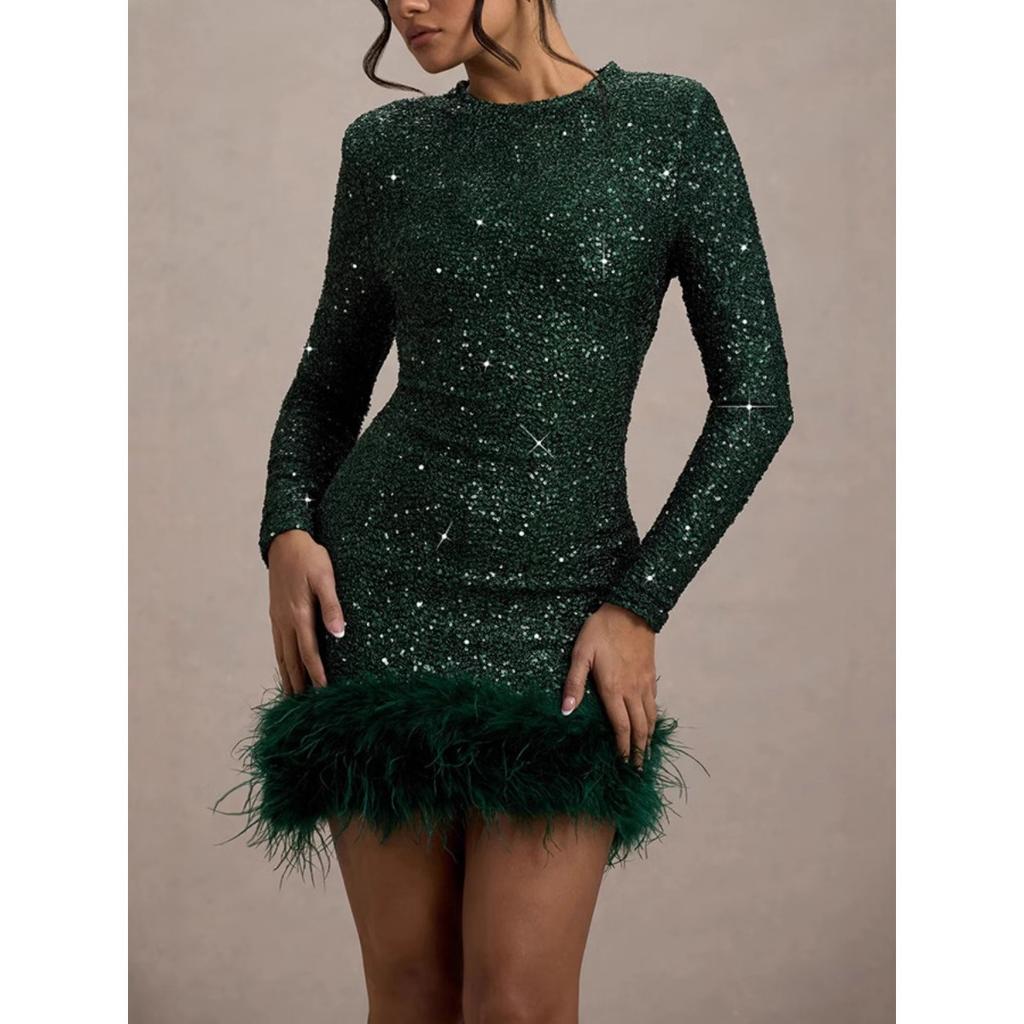 Women's European & American Sexy Formal Dress, Long Sleeve Solid Color Sequins Feather Evening Party Gown, Round Neck Cocktail Dress