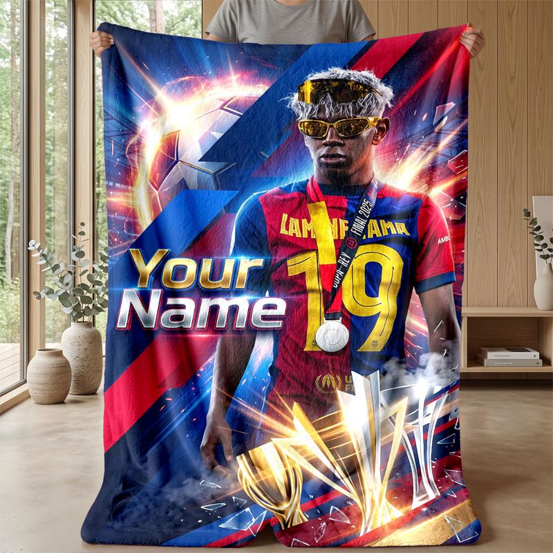 Coperta in Flanella Personalizzata con Nome Testo Lamine Yamal Logo Calcio Coperta Pile Personalizzata Regalo Speciale per Divano Camera da Letto Casa