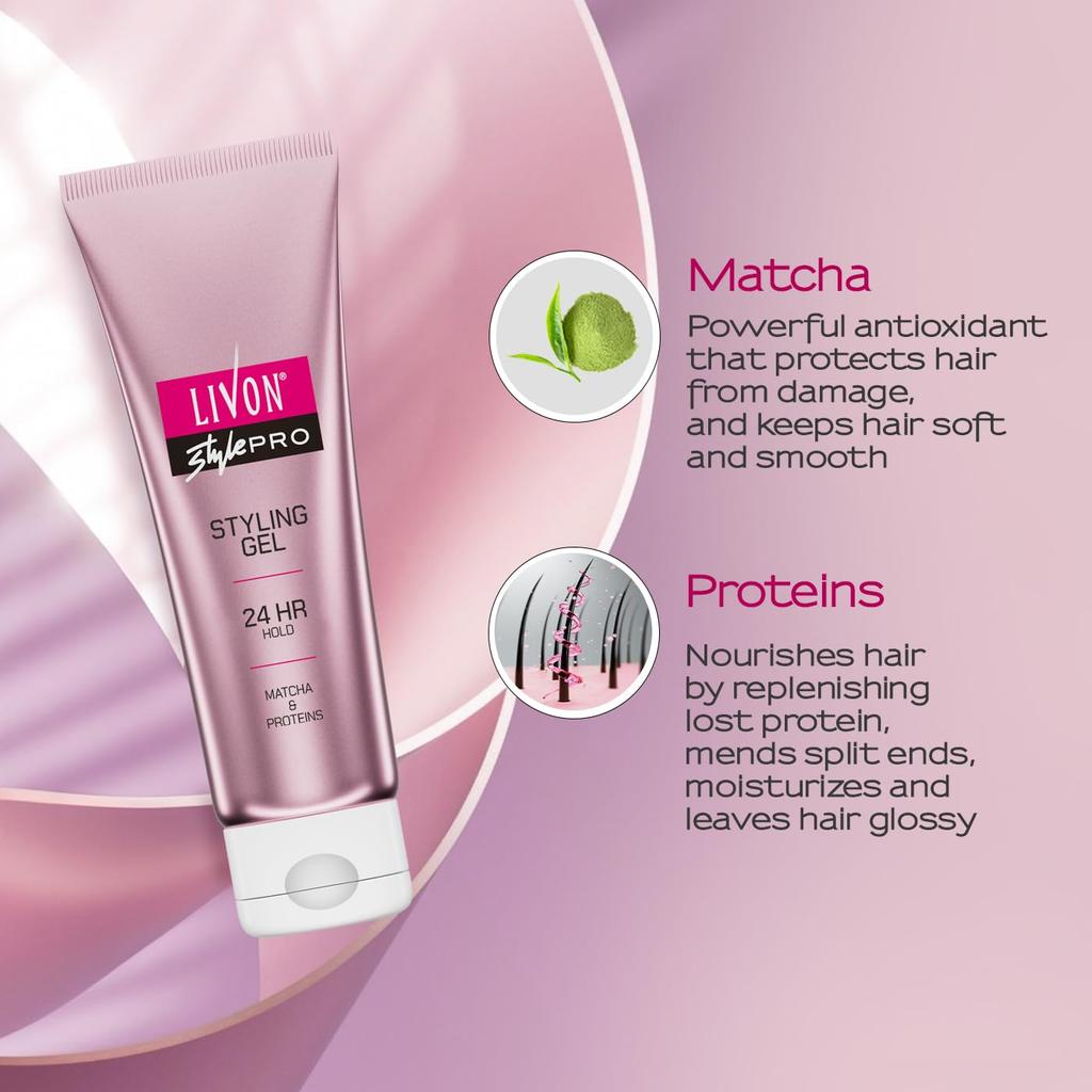 Livon Style Pro Hair Styling Gel 100 ml for Men and Women 24-Hour Hold Frizz-Free Glossy Hair