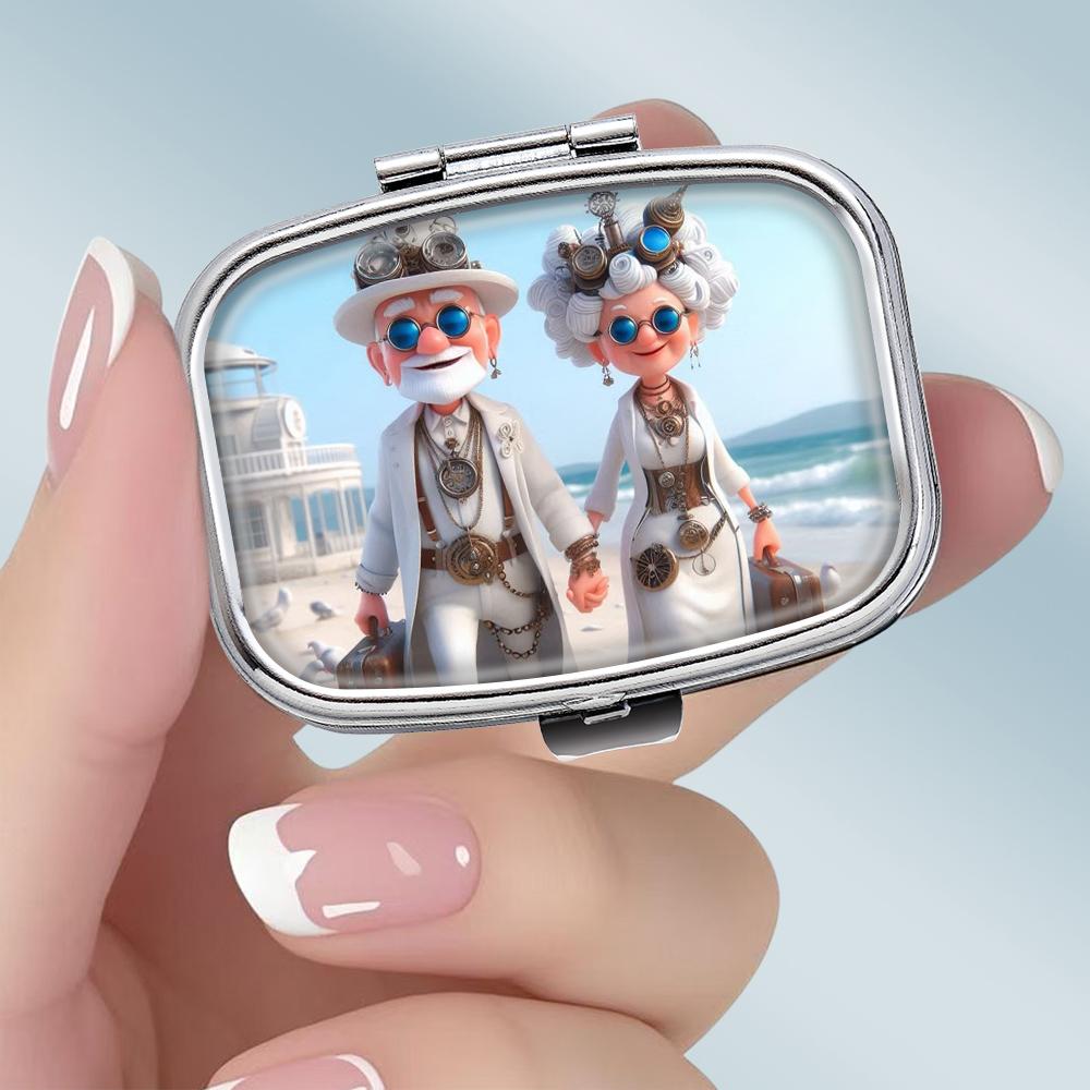 Portable Pill Box with 2 Compartments, Mini Metal Medicine Organizer Case, Cute Printed Pill Container for Vitamins, Pills, Jewelry, Travel, Daily Use