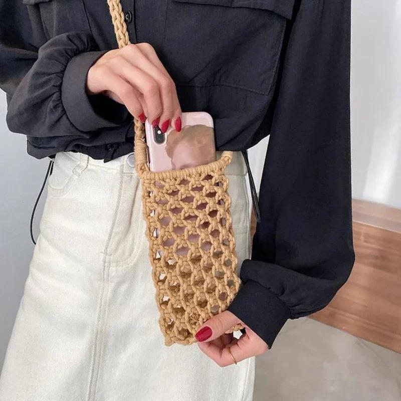 Women Small Crossbody Phone Bag Solid Hollow-out Woven Crochet Lightweight Braided Shoulder Handbag Crossbody Bags