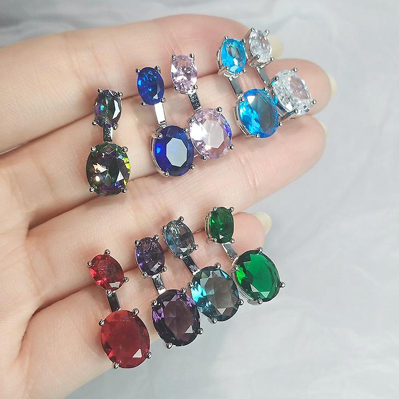 Rear Hanging Double Blue Stone Oval Diamond Suspension Earrings, Simple Colored Treasure Gift, Two Earrings.