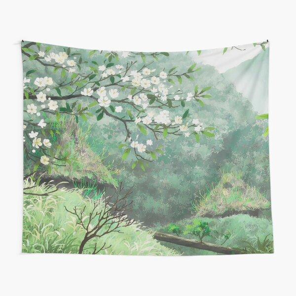 Anime Scenery Tapestry Japanese Mountain with Cherry Blossom Tapestries Sakura Village Wall Tapestry for Bedroom Aesthetic Decor