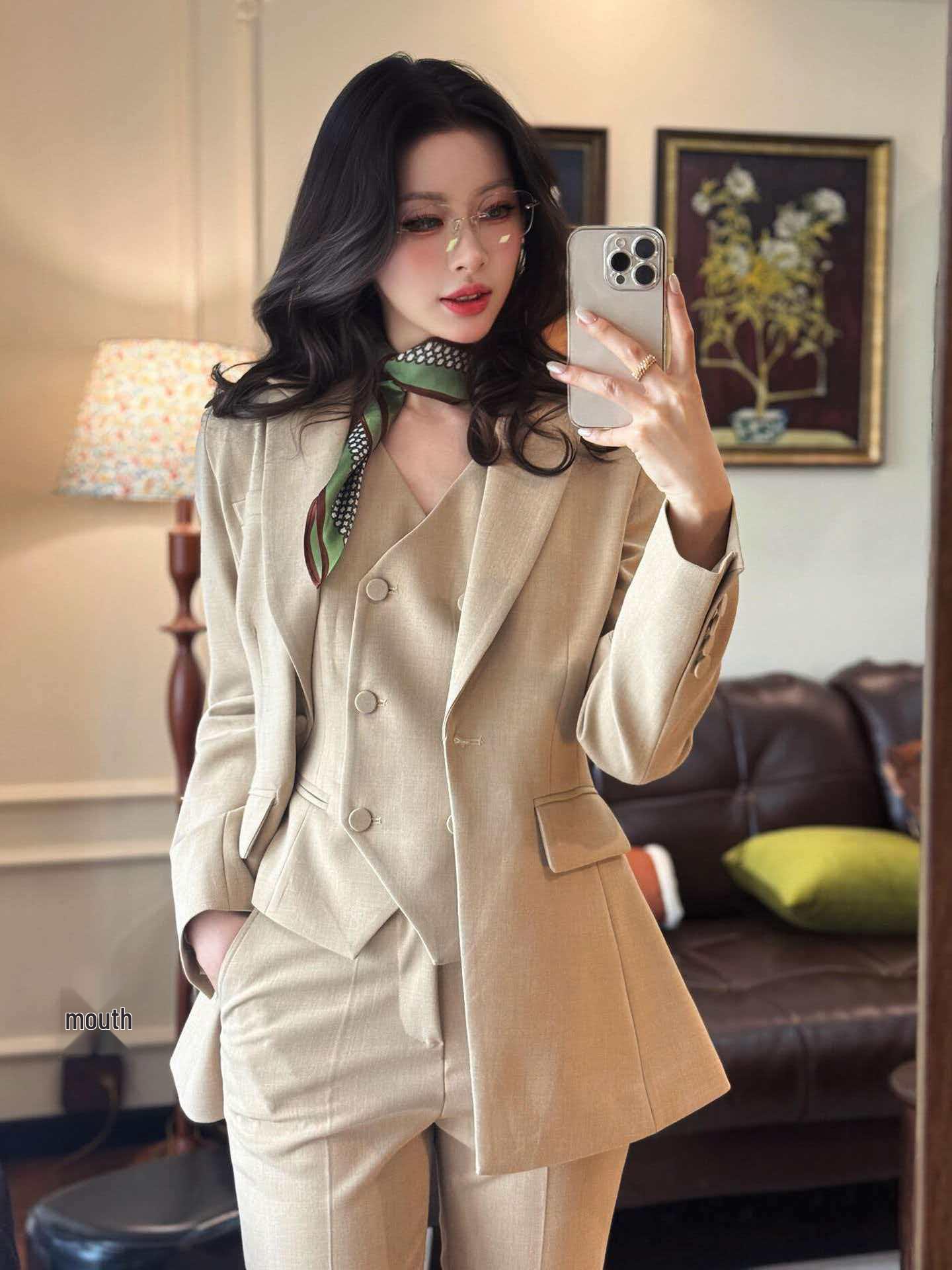 Women s Khaki Three-Piece Suit: Elegant Light-Tone Professional Attire with a Luxurious Feel. Small