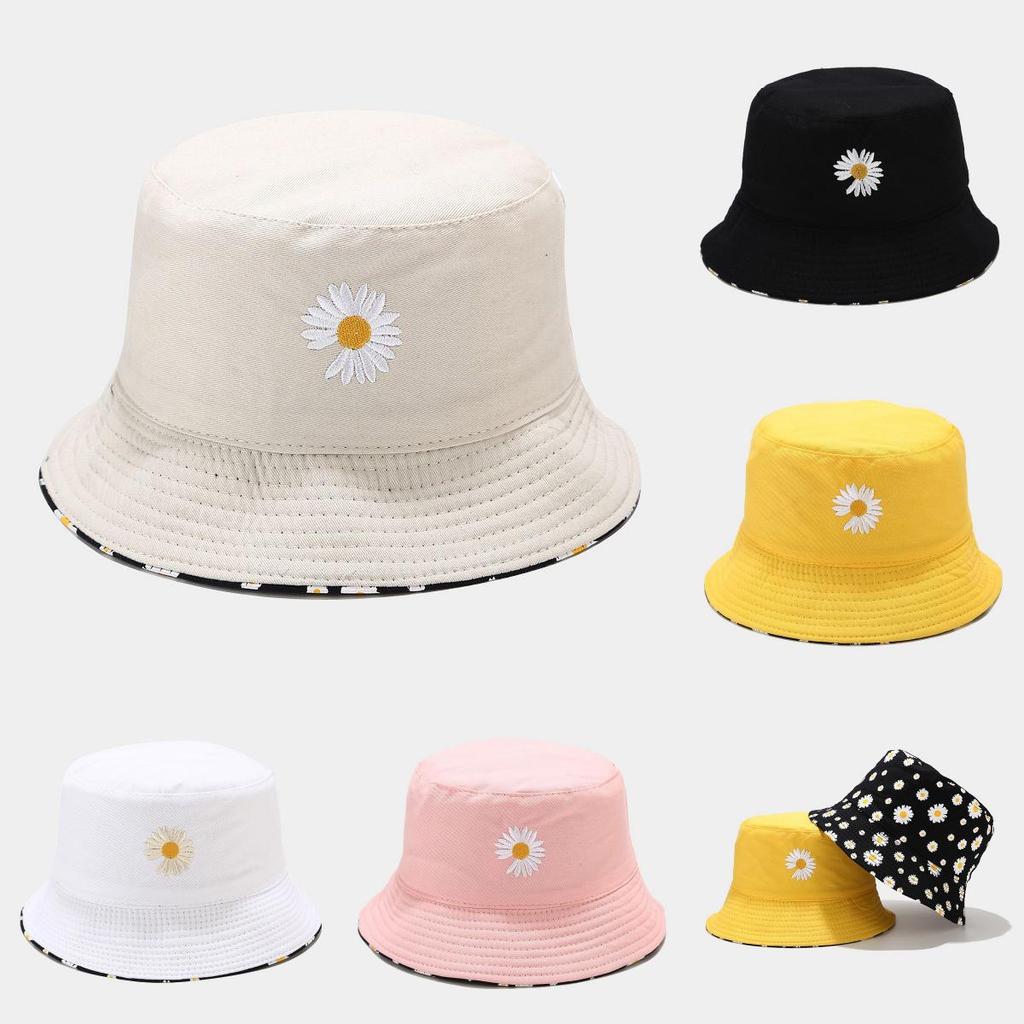 Zweiseitiger Fischerhut im koreanischen Stil mit Gänseblümchen-Print und kurzem Schirm für Frühling und Herbst