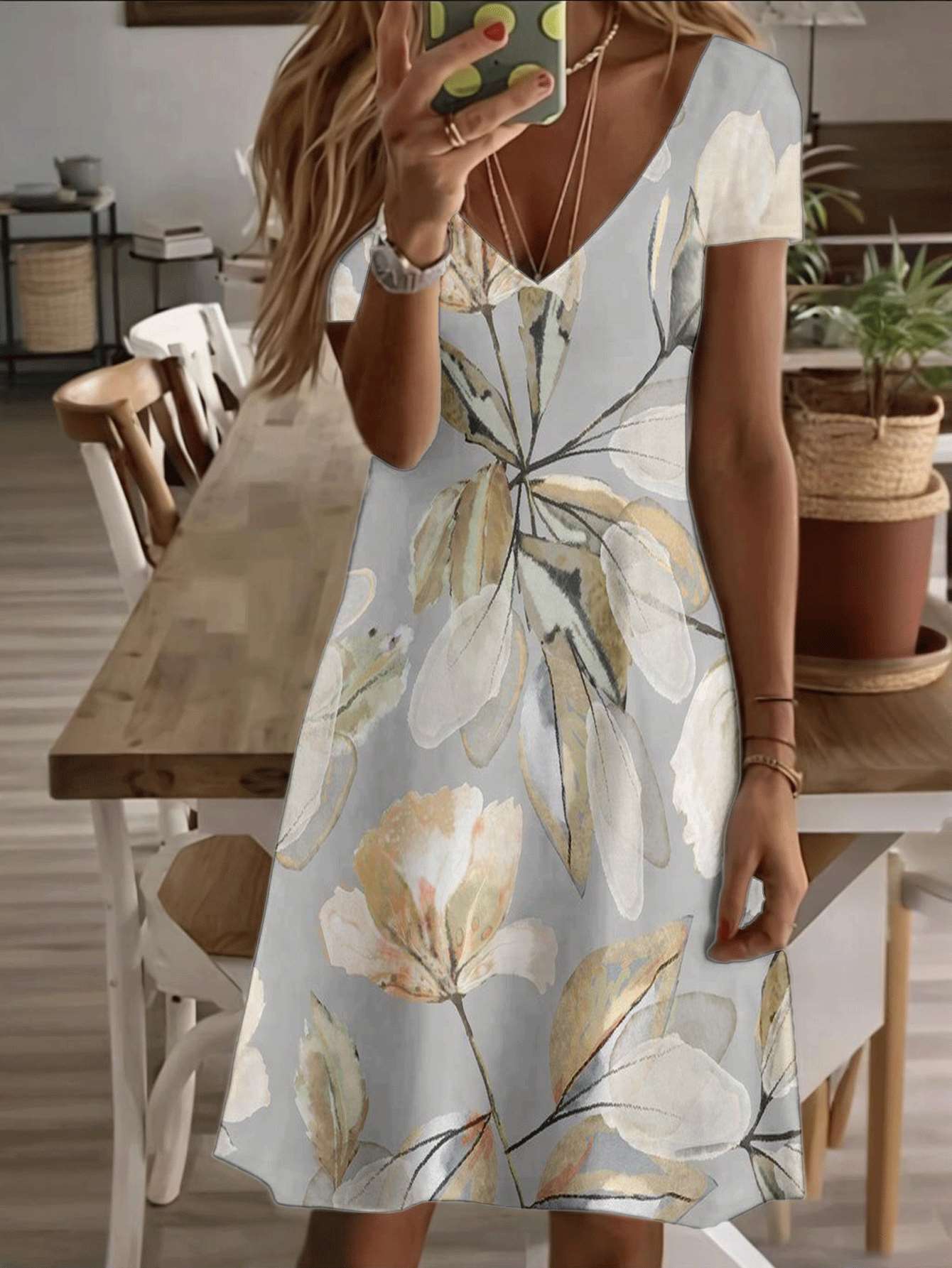 

Vneck shortsleeve midi dress elegant floral ladies dress vintage leaf blossom print pattern 3D premium printing durable soft fabric casual fashionable 7XL дубильная кора