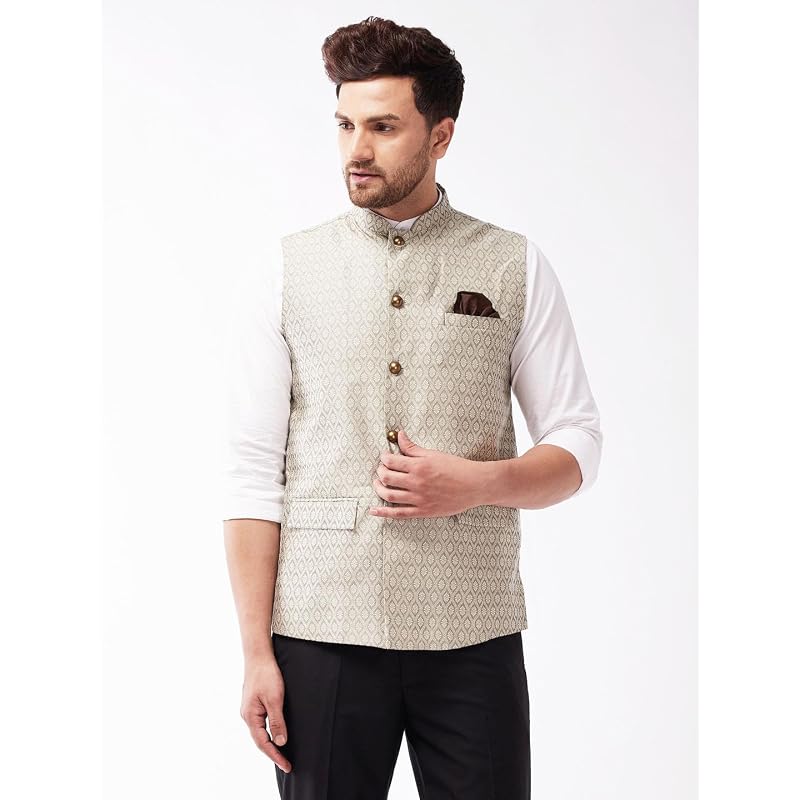 Giacche Nehru da Uomo in Misto Seta VASTRAMAY_VASMJ105BG_38 | Strato Versatile per Matrimoni e Occasioni Festive