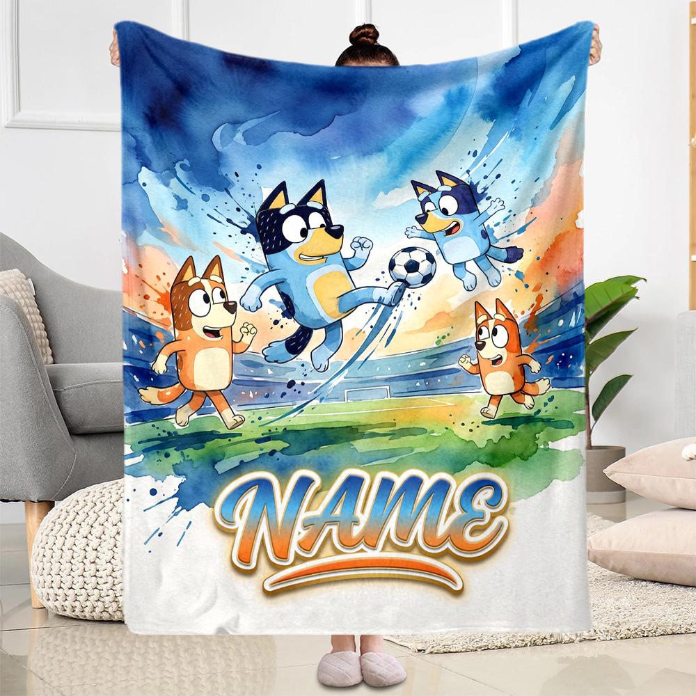Soccer Fun Bluey Personalized Name Blanket Throw Customizable Blanket Comfortable Versatile for Living Room Seaside Sofa Picnics Ideal for All Seasons