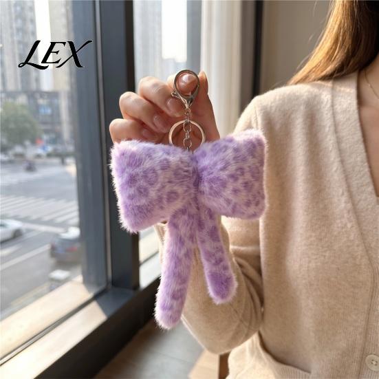 Cute Bag Accessories Leopard Print Plush Bow Keychain, Fluffy Bowknot Charm Key Holder with Lobster Clasp, Women Girls Handbag Decorative Accessory