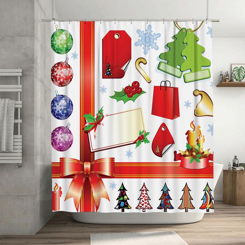 TU Festive Holiday Shower Curtain Christmas Trees Reindeer Snowflakes Winter Pattern Waterproof Fabric Decor Bathroom Set