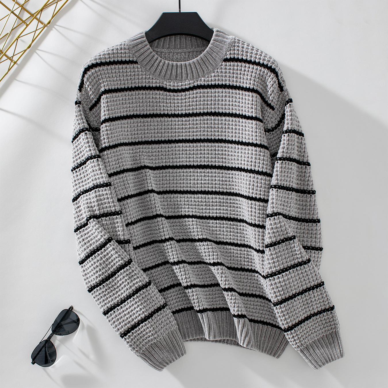 Cardigan Sweater Loose Knitwear Vintage Stripe Long Sleeve O Neck Top for Autumn Winter S серый 2330₽