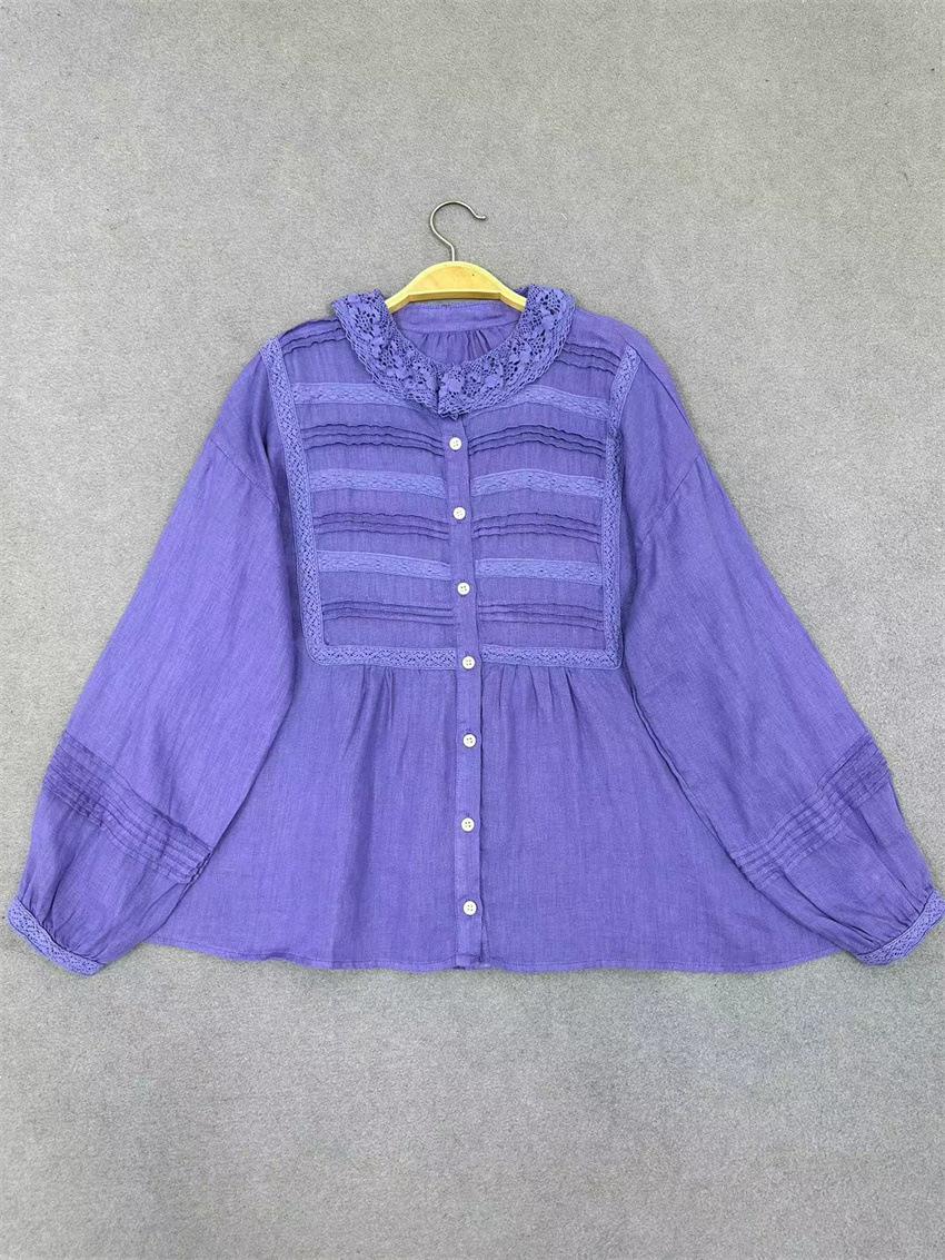 

Johnature Японские Топы с Кружевом Мори, Рюшами-Аккордеон и Лацканами, Женские Осенние Свободные Вышитые Женские Рубашки One Size фиолетовый