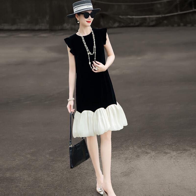 

Elegant Patchwork Silk Velvet Midi Dress XXL