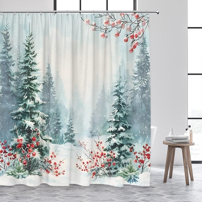 

Shower Curtain, Watercolor Winter Snow Pine Tree Waterproof Polyester Bathroom Curtain, Christmas Red Berry Forest Decor Bath Cu W60H190(CM)-1 Pcs