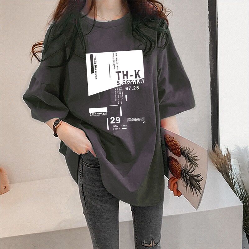 Plus Size Women's Letter Print Mid-Length T-Shirt Loose Crew Neck Short Sleeve Casual Summer Top