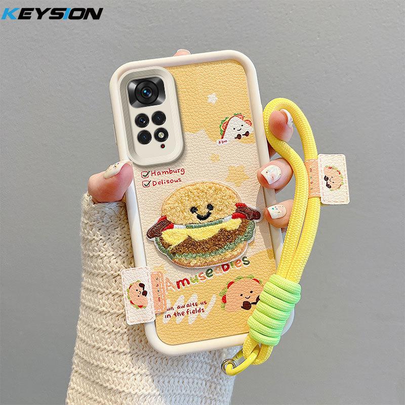 KEYSION Cartoon Cute Plush Embroidery Case for Redmi Note 11 Pro 5G 11S with Lanyard Silicone Shockproof Phone Cover for Redmi Note 12 Pro 4G