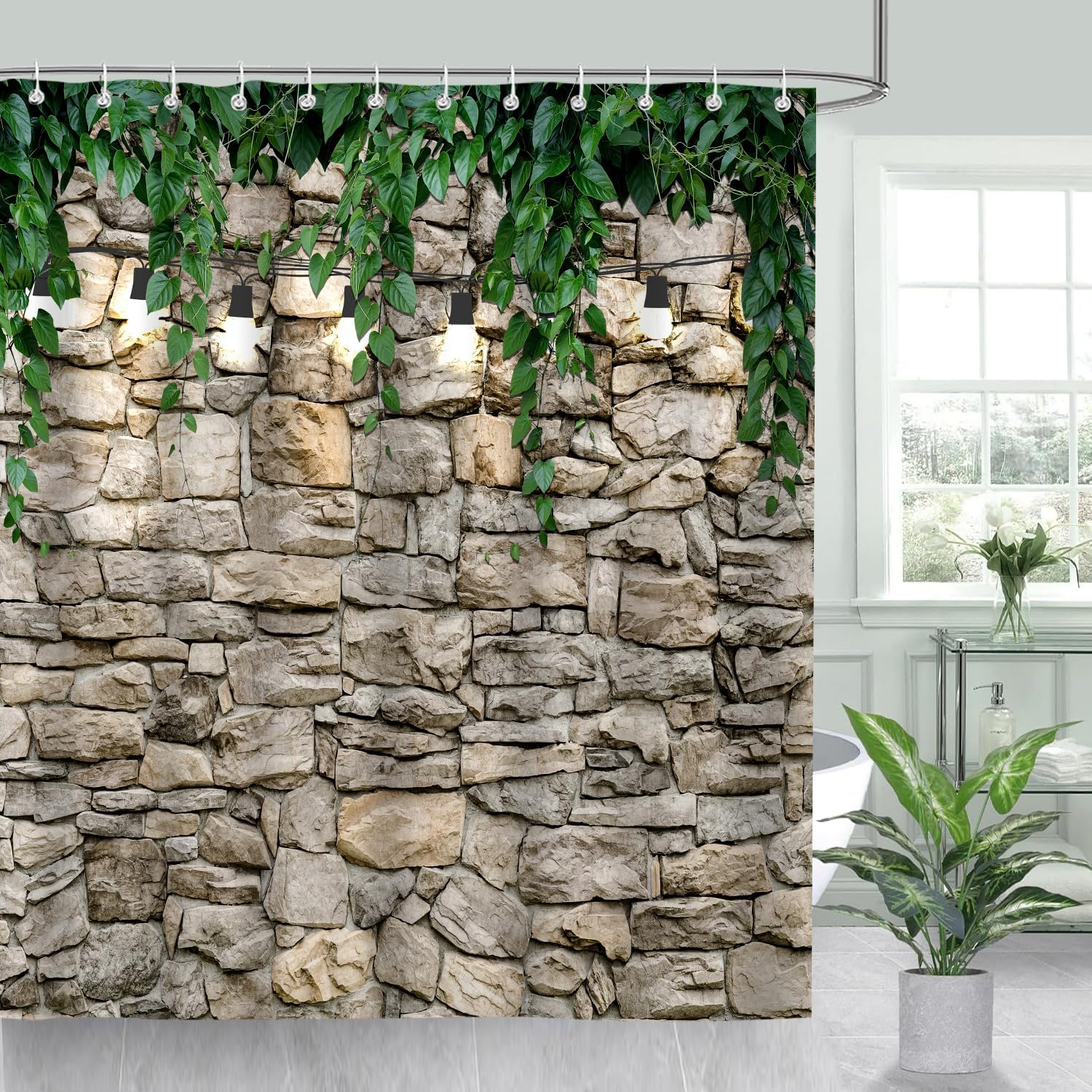 

iTapnoom Vintage Stone Wall Shower Curtain, Green Plant Leaves Rustic Farmhouse Country Fabric Shower Curtain Set for Bathroom D 90x180cm