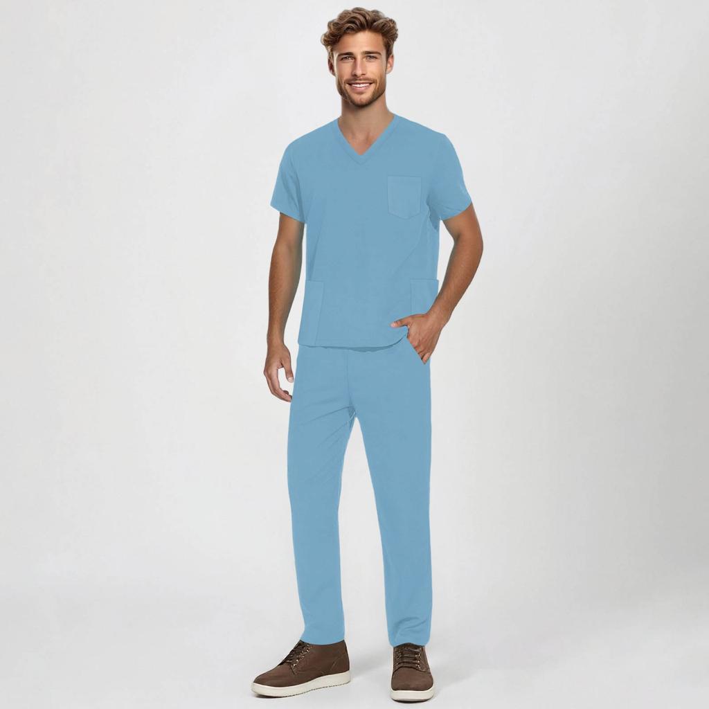 Men's Short-sleeved V-neck Solid Color Printed Breast Pocket Care Top Elastic Waist Trousers Two-piece Work Suit