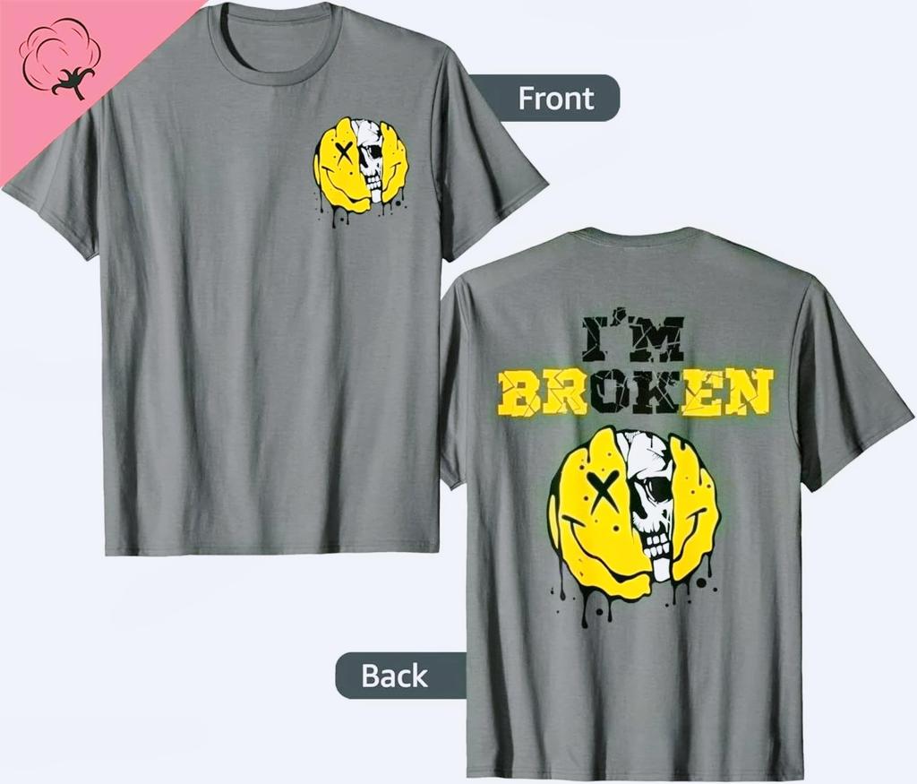 High Quality Vintage Im Broken Skull 2 Sides Invisible Disease I'm OK Broken Men's Alphabet Printed Cotton Unisex T-Shirt