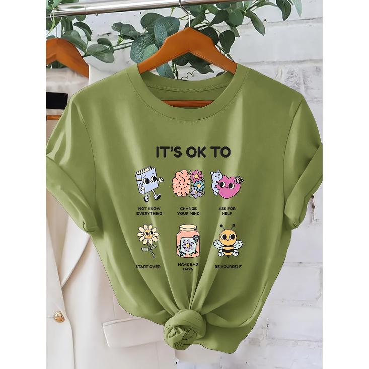 Self-Acceptance Statement for Women T Shirt | “It's OK To” Cartoon Illustration, Psychological Healing Style, Round Neck, Short Sleeves| Casual