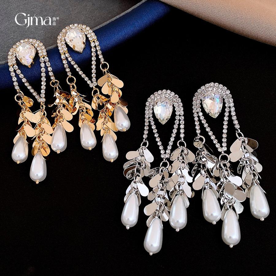 18k electroplated European and American diamond-encrusted water drop fringed pearl earrings, stud earrings, women's earrings.