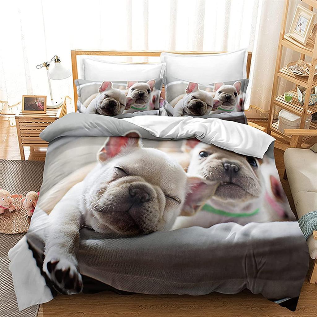 Set Lenjerie Bulldog Animal de Companie Cățel Câine Husă de Plapumă Desene Animate Animal Imprimat Husă Plapumă King Queen 2/3 piese Poliester Husă Plapumă